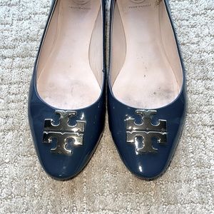 Navy Patent and Gold Logo Tory Burch Flats